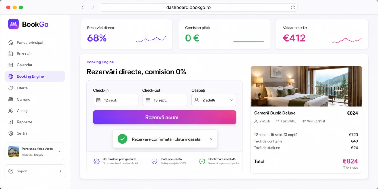 Motor de rezervări online BookGo cu formular pentru check-in, check-out, oaspeți și rezervare directă